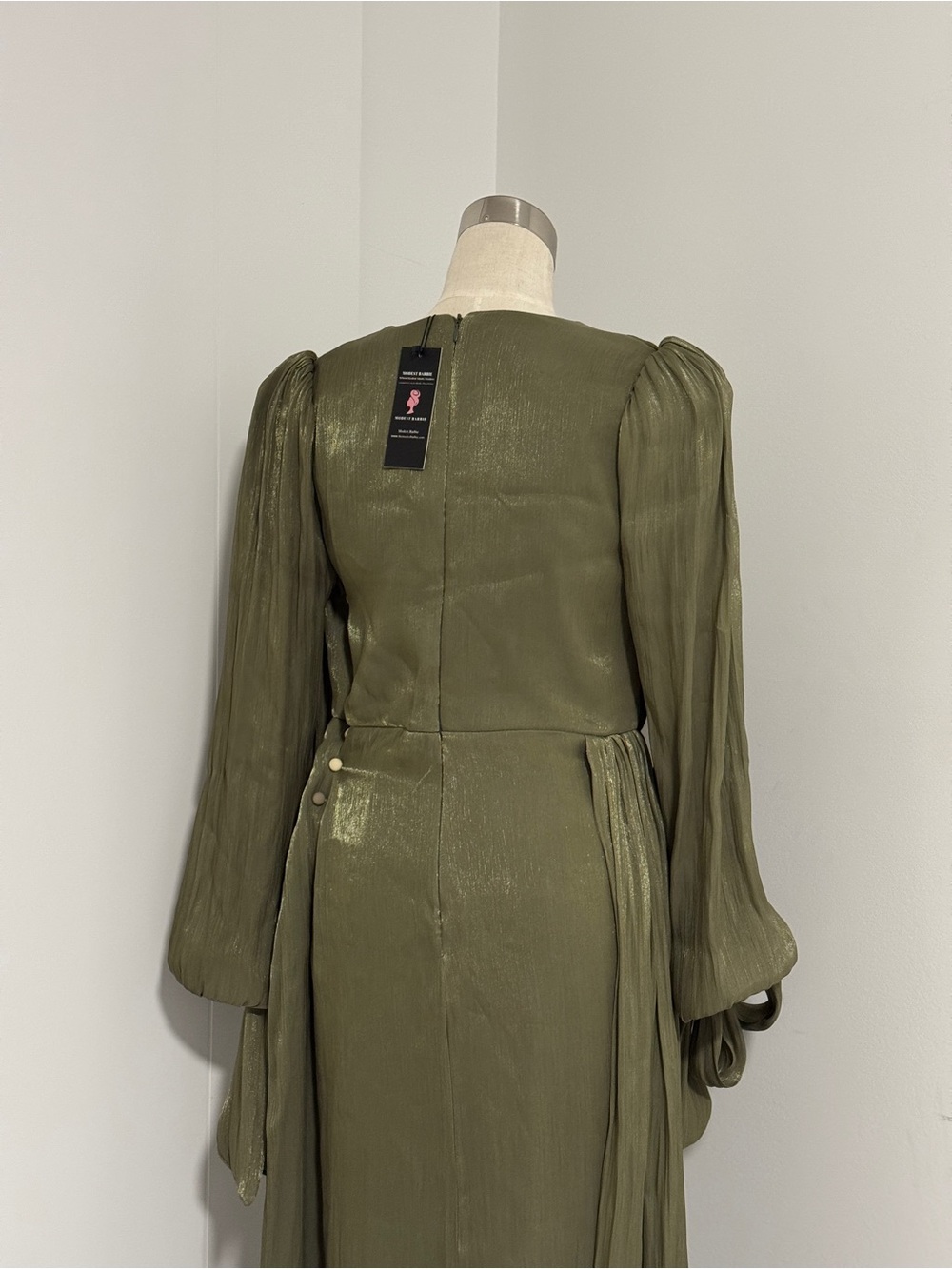 Olive Green Draped Evening Dress with Bow Detail - Picture 8 of 9